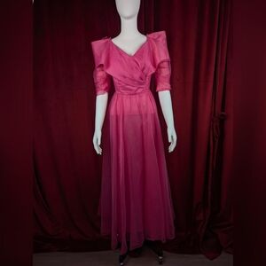 Vintage Jordan Fashions Hot Pink Chiffon Off Shoulder Half Sleeve Gown